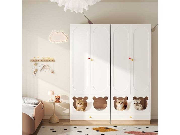 Armoire enfant avec barre lot de 2 armoires avec lit pour chat 80×50×200cm armoire pour enfant convient aux chambres blanc