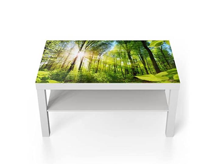DEQORI Glastisch weiß groß 90x50 cm Motiv Licht durchdringt Bäume ausgefallener Beistelltisch aus Glas Hochglanz Couchtisch fürs Wohnzimmer moderner Couch Tisch mit Design