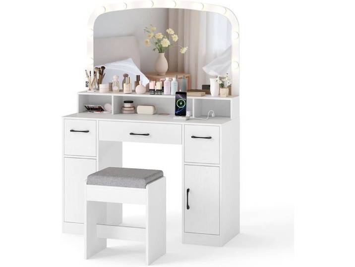 COSTWAY Coiffeuse avec Tabouret Miroir Maquillage Hollywood Lumineux LED Réglables Station de Recharge Blanc
