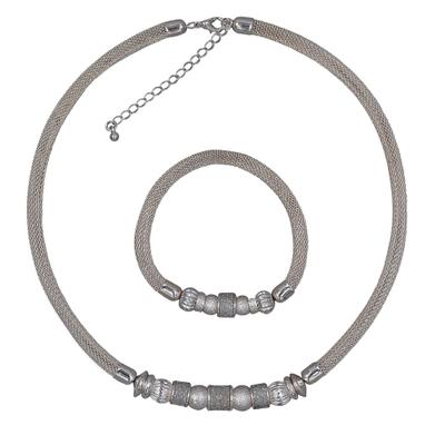 Collierkettchen STEUER "Metall 48+7,0cm + 19,0cm Stretch Mesh Kugeln Metall", silber (silbergrau), Halsketten, Damen, 55cm, Metall, L: 55 B: 6mm, matt, B:6mm