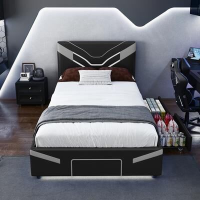 GREATPLANINC Twin Size Platform Bed Gaming Bed with LED Lights Storage Shelf 2 Steel Drawers