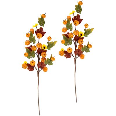 Kunstzweig I.GE.A. "Herbstzweige", orange, B:16cm H:65cm L:65cm, Obermaterial: 50% Kunststoff, 50% Polyester, Kunstpflanzen, Kunstzweig, Mit Sonnenblumen, Kürbissen und Herbstlaub, 2er Set
