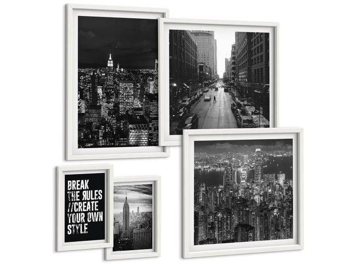 BILDER SET 5er Set - 50x50 cm & 20x30 cm & 40x60 cm Weißer Rahmen - Inspiration für Schwarz-Weiß-Darstellungen von Stadtstraßen