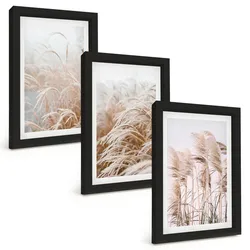 BILDER SET 3er Set - 20x30 cm Schwarzer Rahmen - Grasflächen in Braun- und Beigetönen