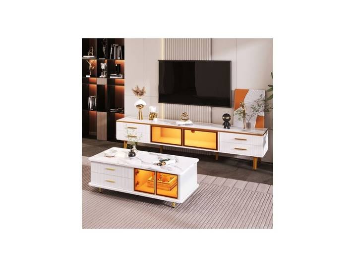 ®TONLRGY Ensemble table basse + meuble TV 2 pièces meuble de salon combiné porte en verre trempé cadre en alliage d'aluminium