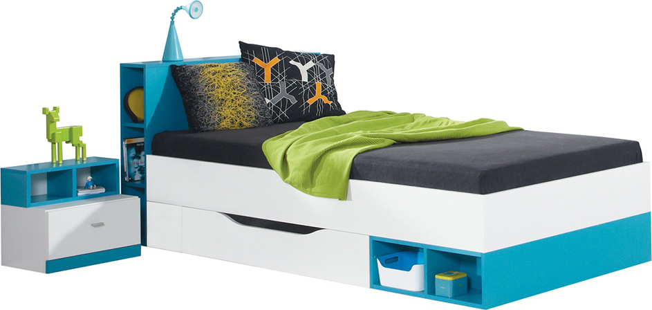 Jugendbett 90x200cm mit Nachtschrank MIJAS-133 in weiß mit türkis