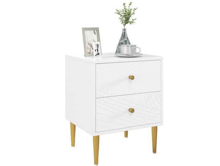 ComfortXL Nachtschrank De-12858 2 Schubladen, goldene Akzente Weiß, 35x50x40 cm, Schlafzimmer, Nachtkästchen