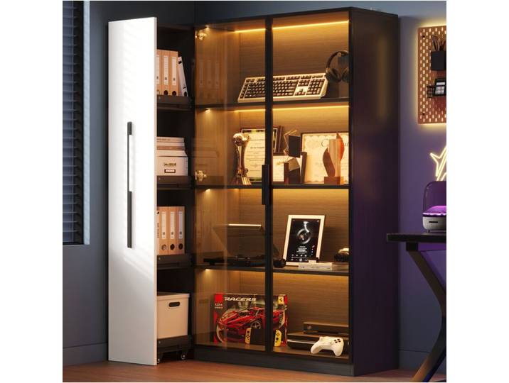 Vitrine Verre LED Noir Blanc Meuble Moderne FloraGrace Pour Salon Rangement Lateral Extractible 110 5x35x160cm