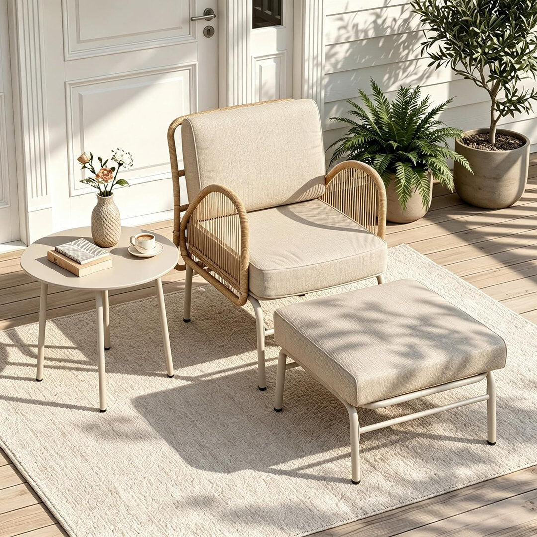ClassicLiving Rattan Patio Conversation Set, Outdoor Lounge Chair With Ottoman & Round Coffee Table Beige 1