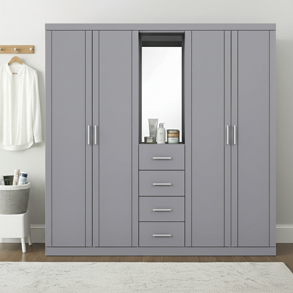 17 Stories Kimberley 4 Door 4 Drawer Combi Fitment Wardrobe Cool Grey 180cm H X 174.5cm W X 52.7cm D