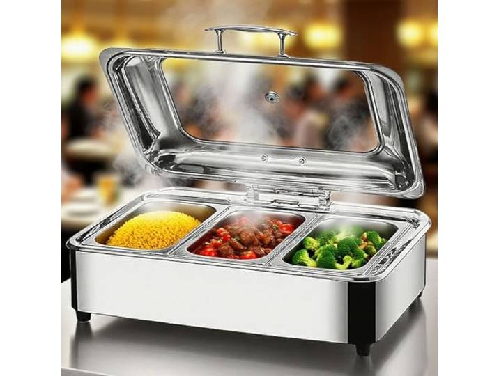 Chafing Dish Elektrisch, 9L Edelstahl Speisewärmer Buffetwärmer (GN1/3) Einstellbare Temperatur Kommerziell Wärmebehälter Essen mit Sichtbarem Glasdeckel für Buffets und Partys