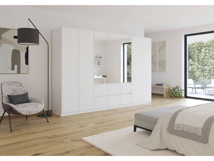 Drehtürenschrank Mainz 315cm Weiß/Alpinweiß Basic mit Spiegeltür/-en