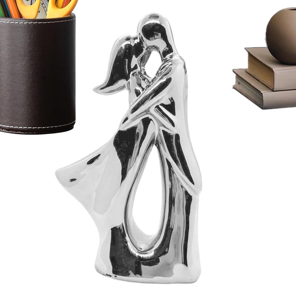 Keramisch Paarbeeld Zilver - Decoratief Handgemaakt Beeld voor op de Tafel - Lengte: 17,7 cm