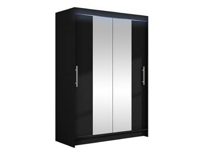 Mirjan24 Kleiderschrank Miami II mit RGB LED Beleuchtung, Modernes Schiebetürenschrank mit Kleiderstange und Einlegeböden für Kleidung, Garderobenschrank (Schwarz)