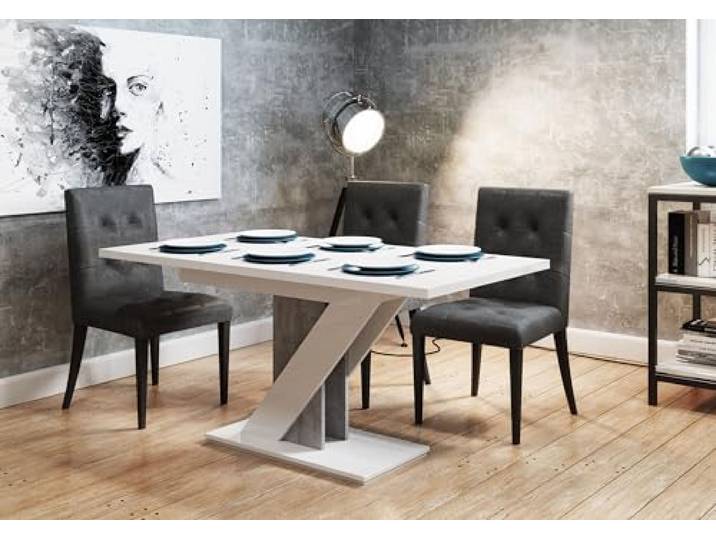 designimpex Design Esstisch PA-666 Hochglanz ausziehbar 120-160 cm Esszimmer, Farbe:Weiß Hochglanz - Beton