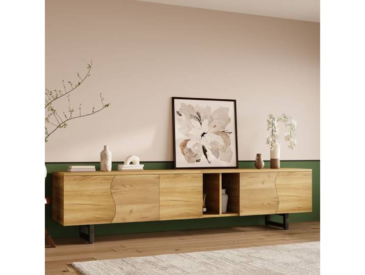 Meuble TV avec 5 Portes et Rangements Fonctionnels Niche Ouverte en MDF et Panneaux de Particules - 191x38x46 5 cm Naturel