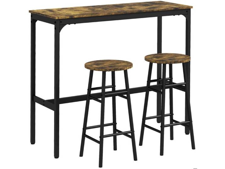 WOVREO Ensemble de bar 3 pieces table haute avec 2 tabourets style industriel MDF marron et noir