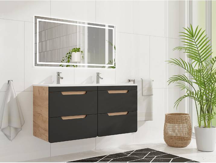 Waschbeckenunterschrank hängend - 120 cm - Holzfarben & Anthrazit - ARUBA