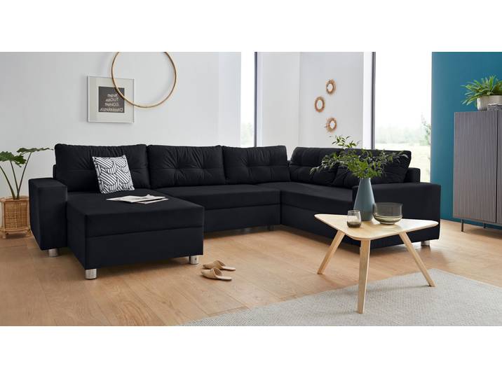 Wohnlandschaft, Schwarz, 310x212 cm, Samtoptik, Federkern, U-Form, COLLECTION-AB