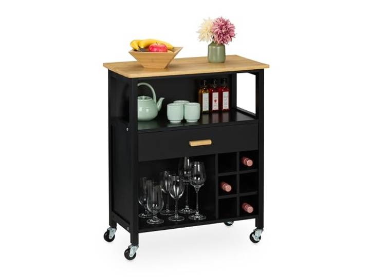 Relaxdays Desserte de Cuisine\, pour 6 Bouteilles\, tiroir spacieux\, Plan de Travail\, 80 x 65 x 35 cm\, Noir et Nature