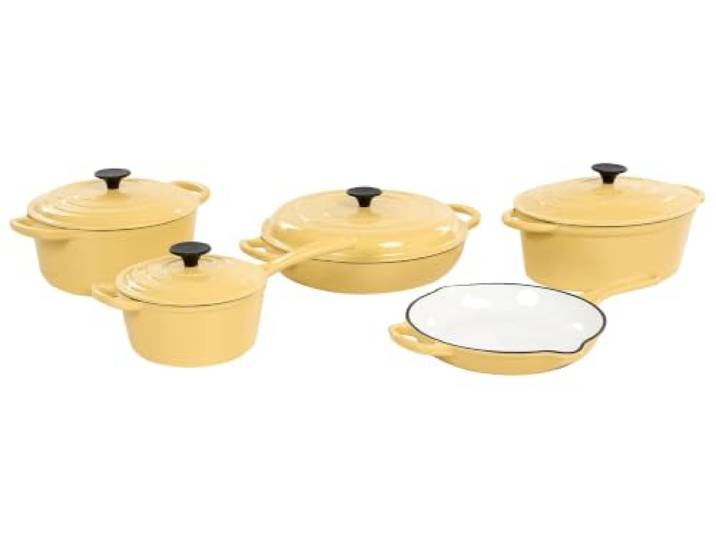 Kochgeschirrset 9-teilig emailliertes Gusseisen gelb rund für Herd und Backofen Ferra