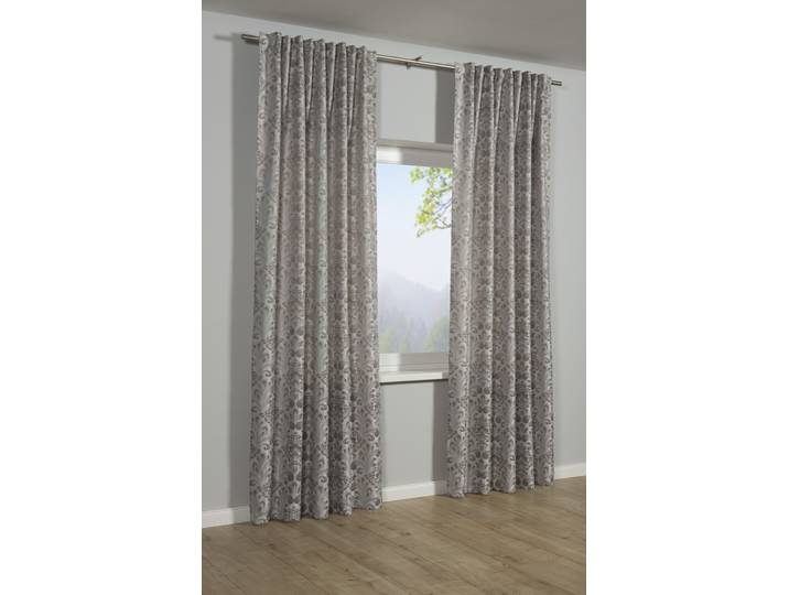 Gardine SEHLBACH Schal Jacquard Ornamente Gr. 1, grau (taupe), B:140cm H:245cm, Polyester, Gardinen, Gardine, mit Gardinenband und verdeckten Schlaufen