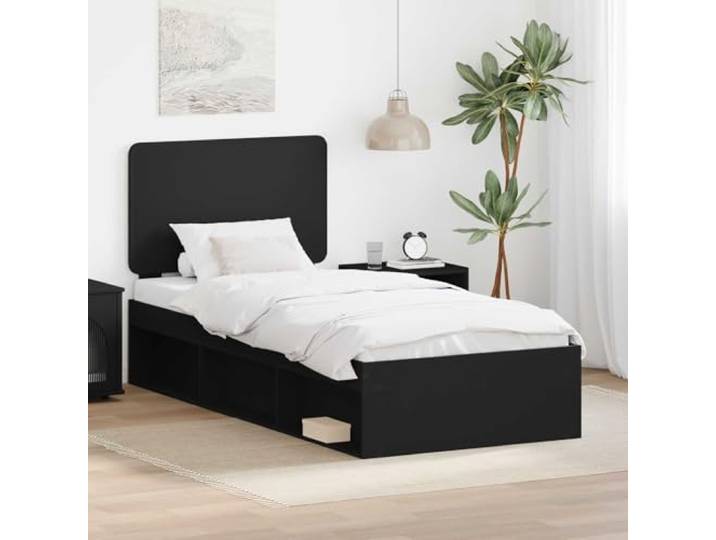 RJPLMFV Bettgestell, Schwarz, 100 x 200 cm, massives Kiefernholz Kopfteil aus massivem Kiefernholz, Lattenrost aus Holz, einfache Pflege, Montage erforderlich