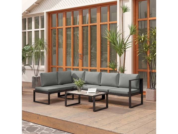 Outsunny Salon de Jardin 5 Pers Angle Canapés Table Gris Foncé