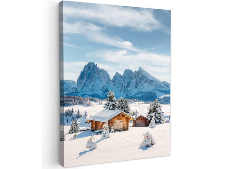 MuchoWow Leinwandbild - Winter - Hütte - Berge - Aussicht - Schnee - 60x80 - Gemälde, Eichefarben, Textil, Kiefer, Abstrakt, Rechteckig, 60x80 cm, gerahmt, Bilder & Rahmen, Bilder, Wandbilder