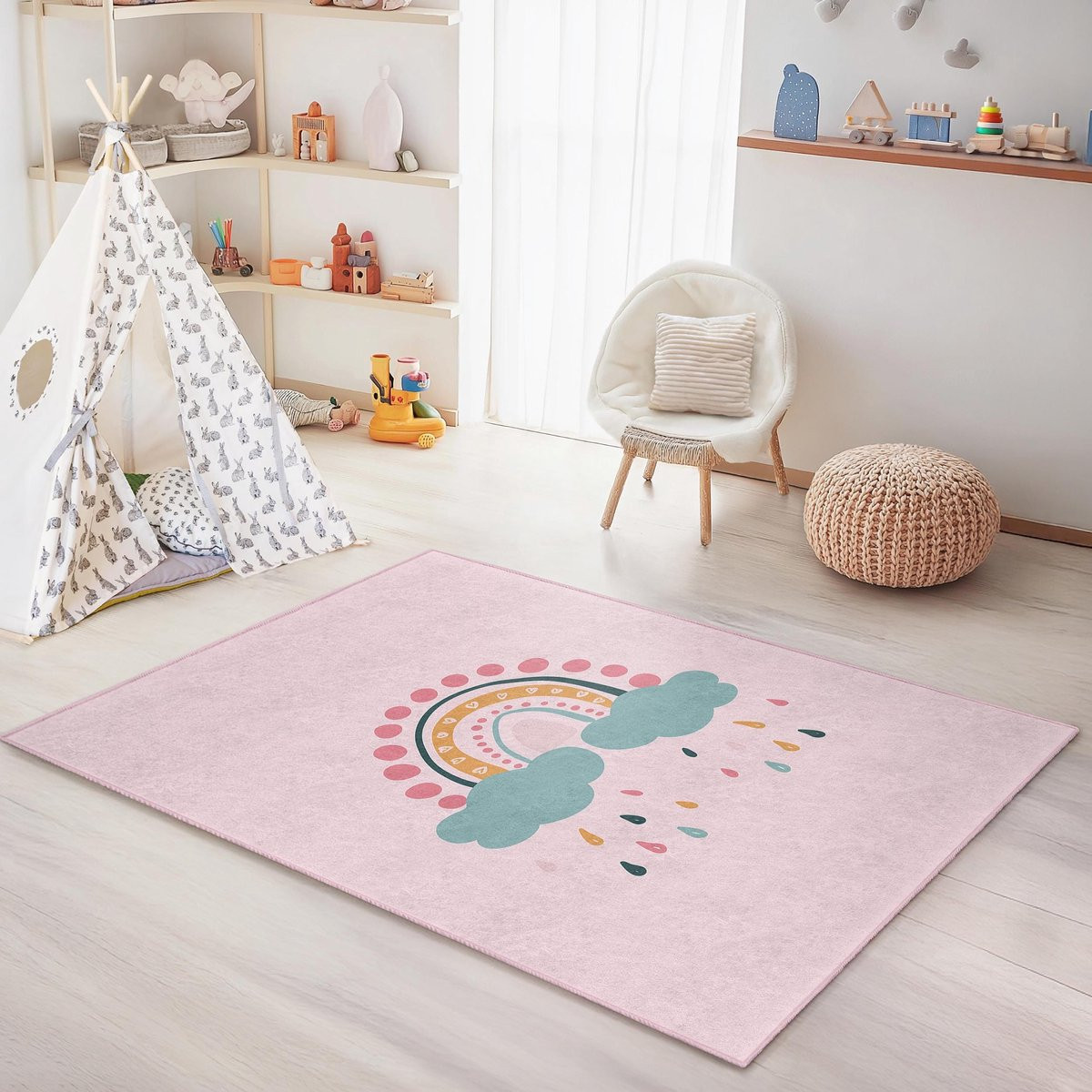 Merkloos Kindertapijt Rechthoekig met Bloemenmotief, Wasbaar en Antislip, Kinderkamer Speeltapijt