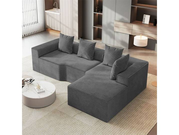 DRIPEX Canapé d'angle droit 4/5 places en Velours Côtelé Gris Canapé compressé avec 4 coussins méridienne droite 270x152x59cm