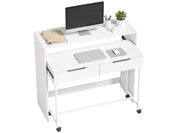 Bureau informatique extensible avec 2 tiroirs bureau gain de place avec rangement blanc moderne 100 cm