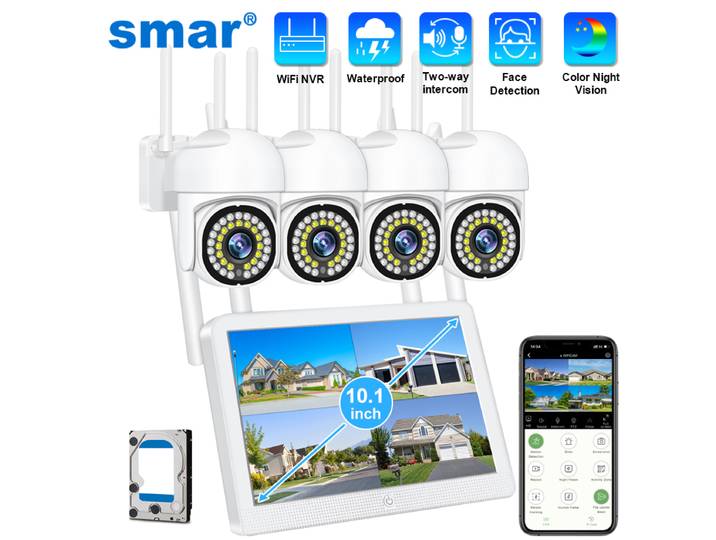 Smar Kit Caméras de Sécurité WiFi 4CH Écran LCD 10,1 CCTV Plug&Play Détection Humaine Vision Nocturne Colorée