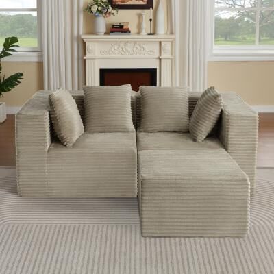 Loedds 3-Seat Modular Modern Corduroy Sectional Sofa with Spring Seat Support and No Assembly Required, Camel