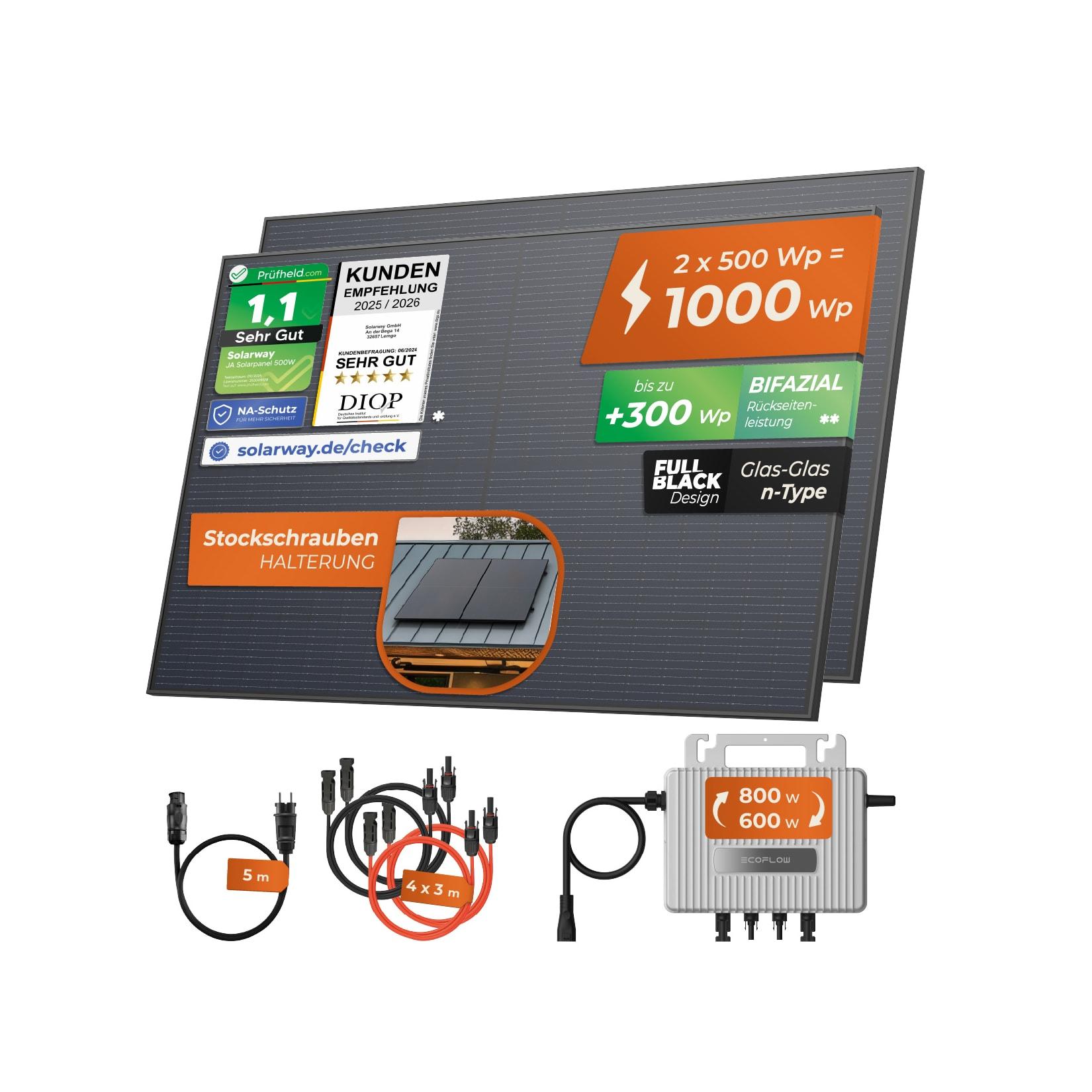 Solarway® 1000Wp / 800W Balkonkraftwerk komplett Steckdose - neuester EcoFlow Stream 800 Watt Wechselrichter - Solaranlage Komplettset - 500W bifaziale black Solarmodule & EcoFlow & Zubehör