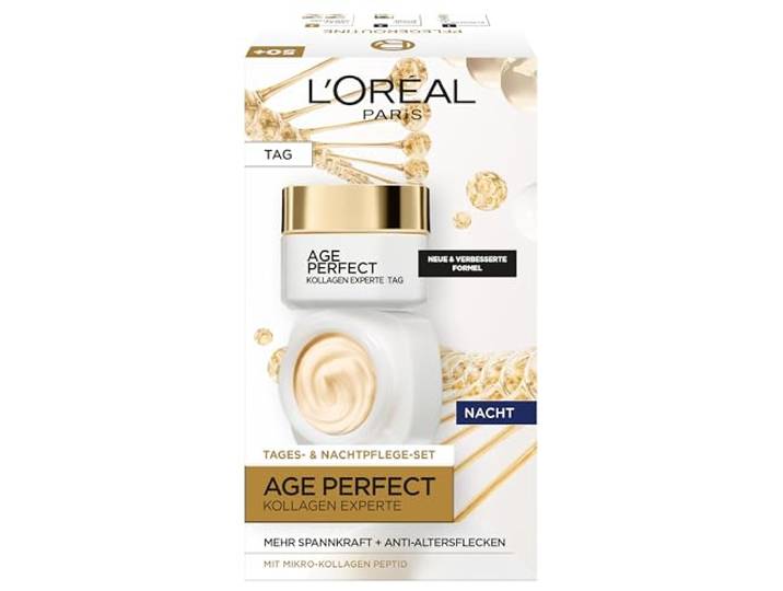 L'Oréal Paris Gesichtspflegeset, Anti-Aging Tag und Nacht Feuchtigkeitspflege für straffere Haut, mit Kollagen-Peptid, Age Perfect Kollagen Experte Gesichtscremes, 2 x 50ml