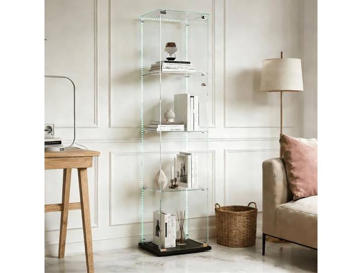 Vitrine en verre LED Armoire à vitrines avec 4 étagères 1 porte Vitrine moderne pour collection ou décoration Noir