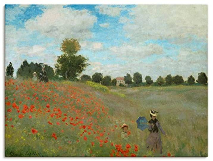 ARTLAND Wanddeko Leinwand Bilder Wandbild 120x90 cm Wiese Sommer Bäume Mohnblumen Wandern Familie Mohnfeld bei Argenteuil. 1873 Impressionismus Claude Monet T7GN
