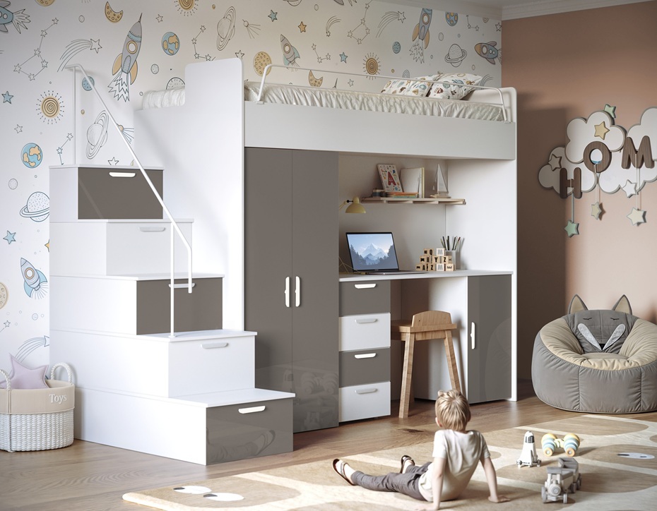 Etagenbett FELIX 4S, Hochglanz Kinderbett, Hochbett, OHNE Matratze und Lattenrost (Weiß + Grau, Glanz)