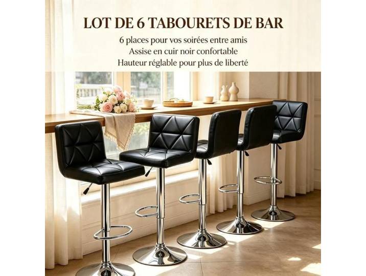 PIPIPOXER Lot de 6 Tabouret de bar cuir PU capitonnage chaise comptoir réglable pivot 360° mobilier bar restaurant café horeca