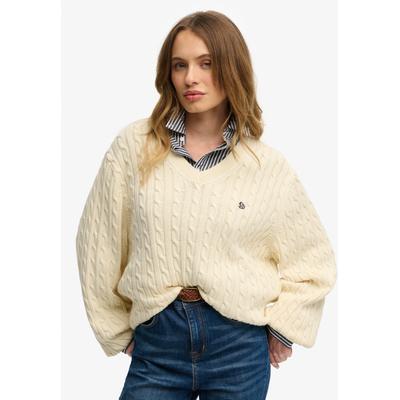 V-Ausschnitt-Pullover SUPERDRY "OVERSIZED CABLE V NECK JUMPER", Damen, Gr. M, natural weiß, Strick, Obermaterial: 100% Baumwolle, unifarben, oversize normal, V-Ausschnitt, Bündchen, Pullover, Baumwolle, oversized Fit