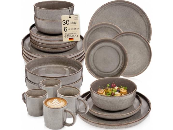 SÄNGER Kairo Graphit Geschirrset 6 Personen, 30tlg Teller Set, Beige Taupe