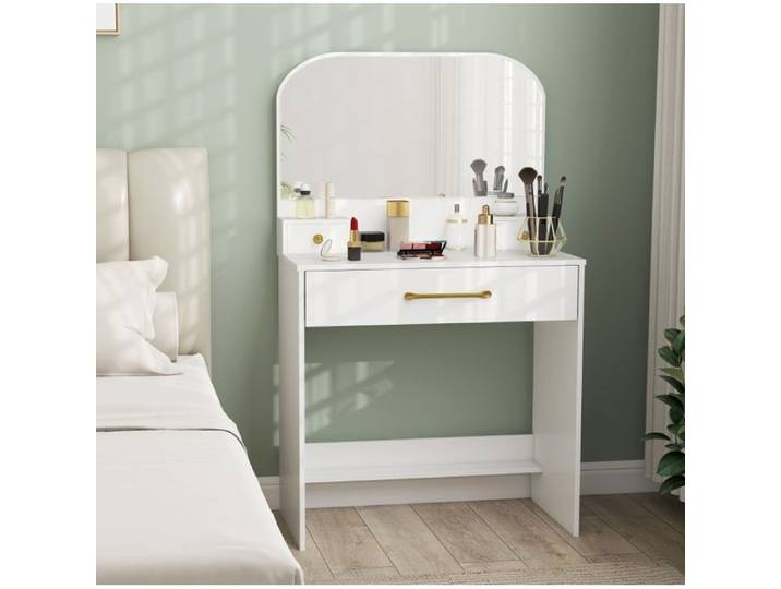 VUENOR Coiffeuse 80 x 40 x 135 cm blanche – miroir intégré 3 tiroirs en bois