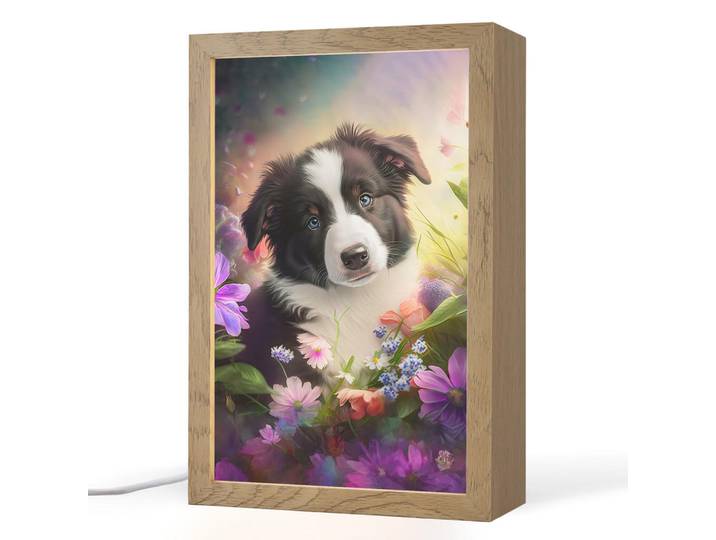 OnlyWow Nachttischlampe - Welpe - Sonne - Blumen - Natur - Border Collie - Hund - 20x30 cm, Violett, Holzwerkstoff, Rechteckig, LED integriert, 20x30x8 cm, Lampen & Leuchten, Innenbeleuchtung, Nachtlicht
