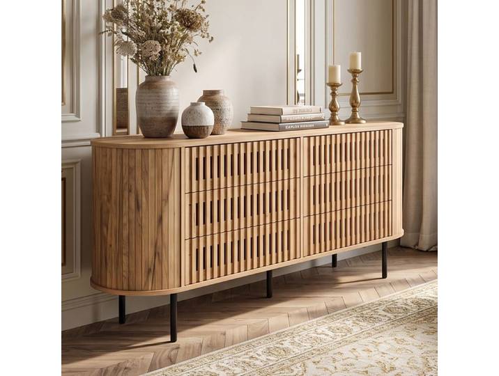 Buffet Enfilade 160x40x70 cm Grand Rangement 6 Tiroirs Façade Lattes Ajourées MDF