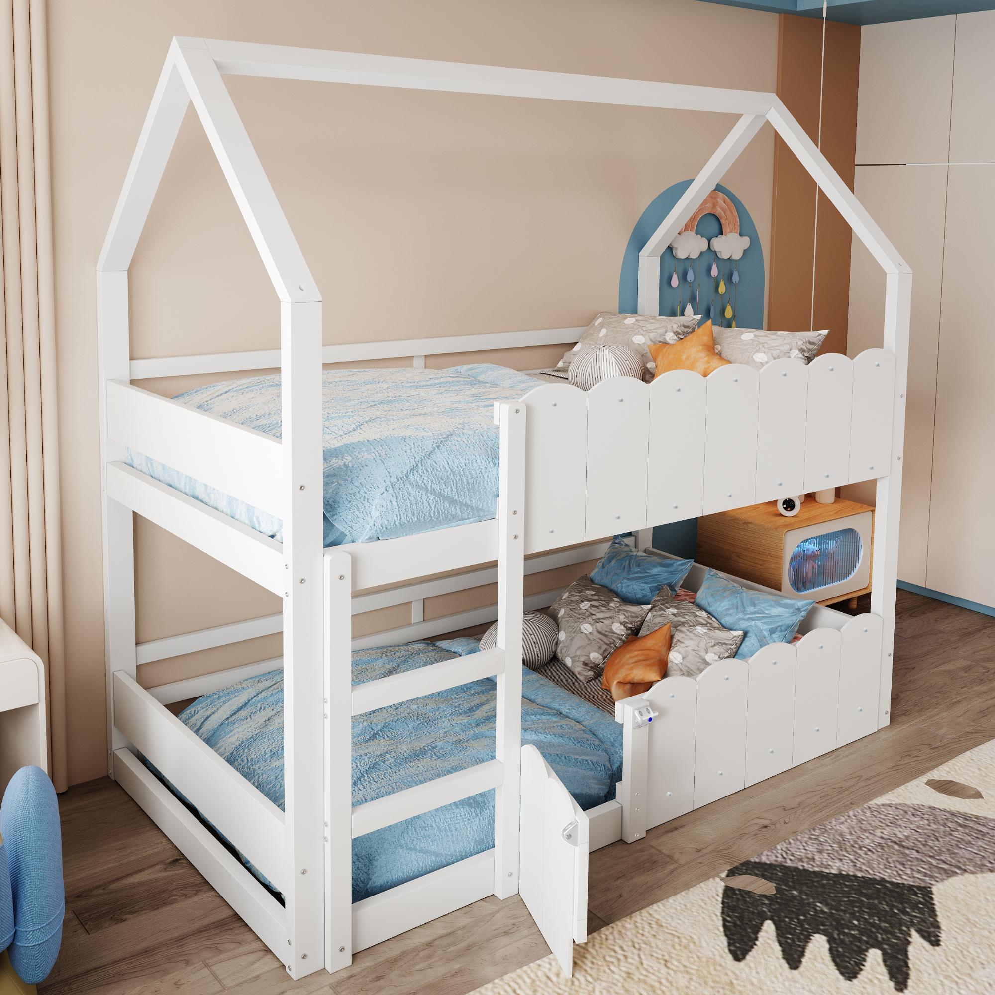 MODFU Etagenbett mit zwei matratze 90x200 Kinderbett mit einzigartigem Hausdesign,Doppelbett mit erhöhten Sicherheitsgeländern,Bettgestell mit öffnende Tür,Weiß