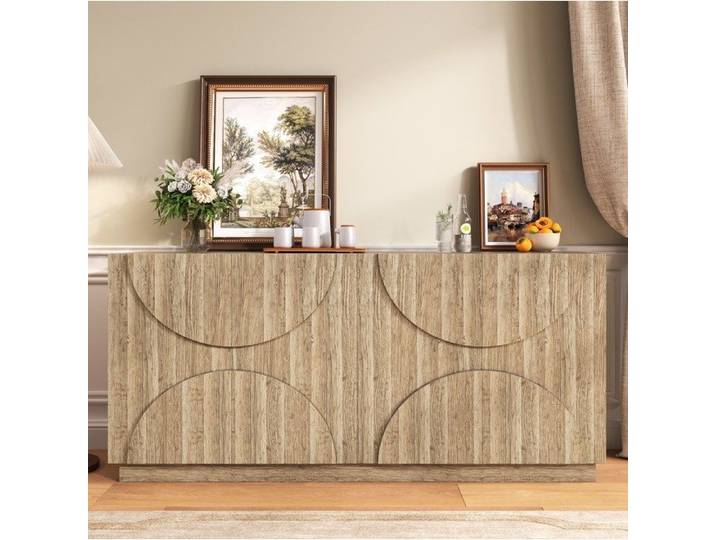 Meuble rangement buffet 160x40x80 cm bois naturel portes a ressorts design scandinave EVRYAE