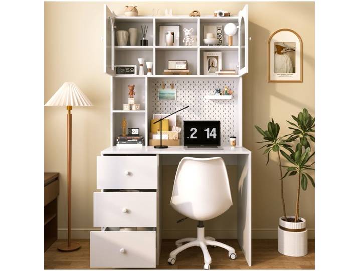 Bureau Multifonctionnel Blanc Bureau Bibliothèque FloraGrace Pour Bureau Et Chambre Avec 3 Tiroirs 100x55x180cm