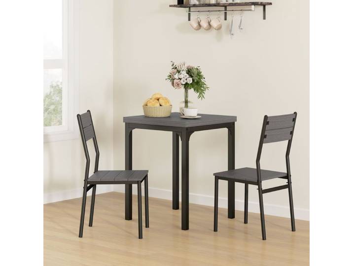 Ensemble repas 3 pièces - table rectangulaire + 2 chaises - MDF et métal - Gris - 2 places