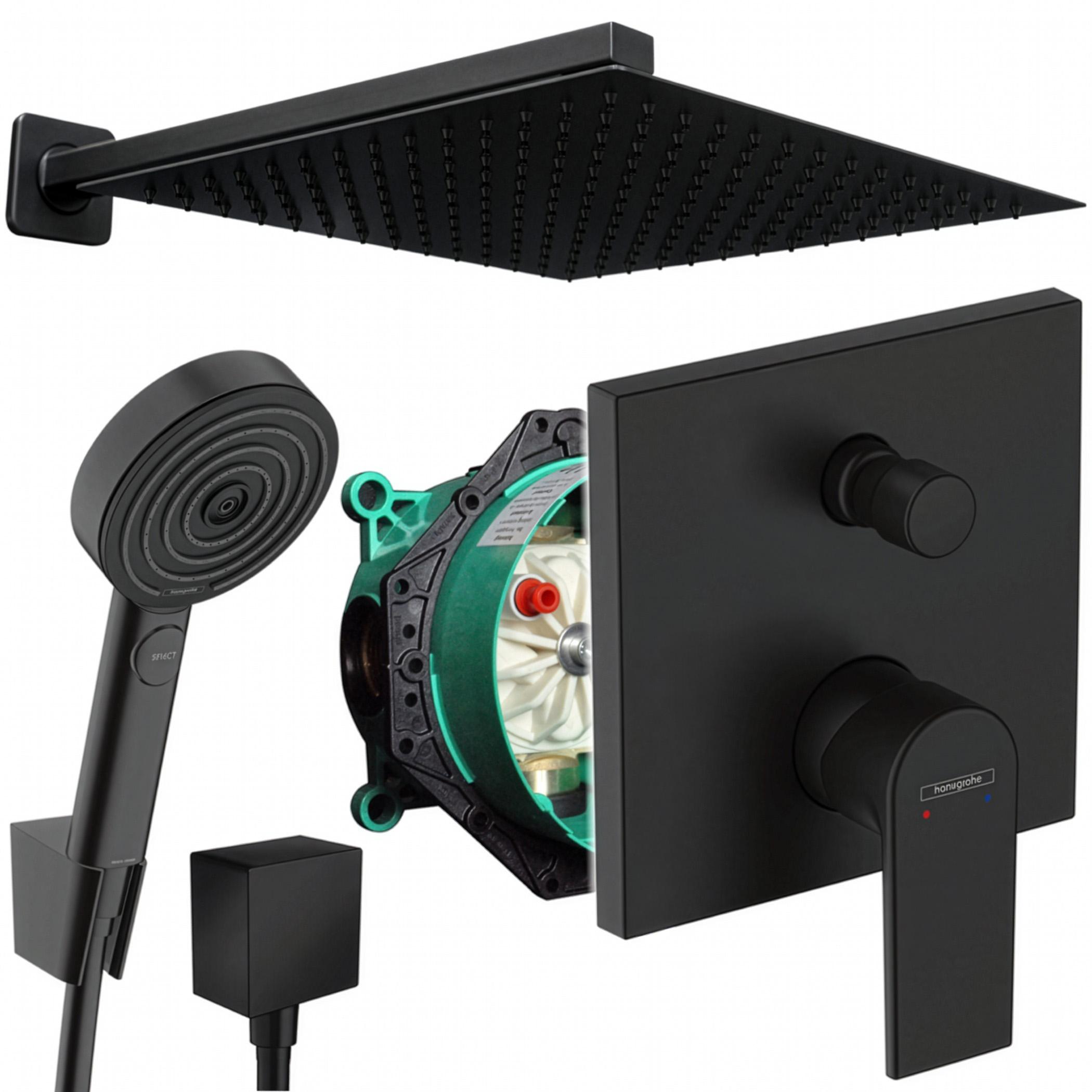 Hansgrohe und Jowi Unterputz Duschsystem Schwarz, Vernis Shape, Pulsify Select S, Duscharmatur